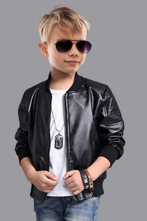 Children's Clothing for Boys, Pu Leather Jacket for Older Kids, Spring and Autumn Motorcycle Style Jacket, Black Baseball Jacket, Pu Leather Jacket in Chocolate Color, Autumn and Winter Jacket