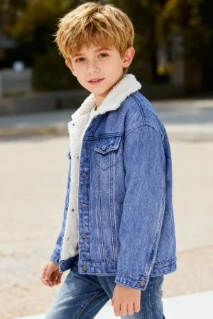 Autumn And Winter Boys' Long Sleeved Lapel Imitation Denim And Velvet Jacket, Fashionable Casual Jacket