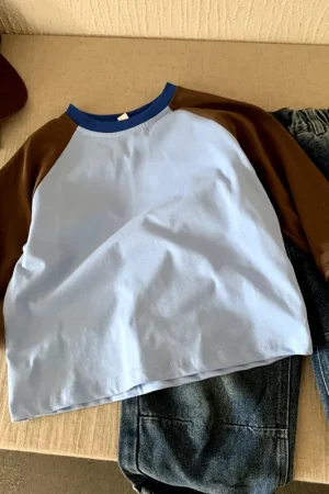 Boys Girls T-shirt 2025 Autumn Spring Kids Clothes Fashion Versatile Patchwork Crew Neck Long Sleeve Base Layer Tops