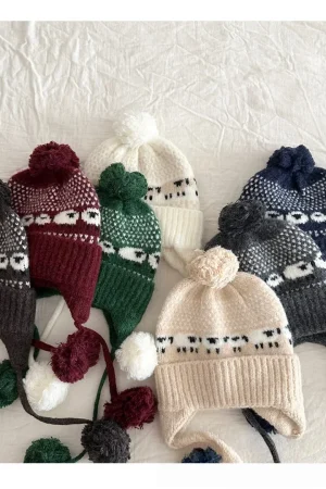 Winter Baby Boys Girls Knit Hat Children Beanie with Earflaps and Pom Poms Warm Kid Knitted Headwear