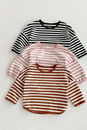 Striped Children's T-shirt Loose Casual Base Layer Top Spring Autumn New Style Boys Girls Cotton Crew Neck Fashionable