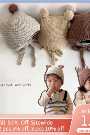 Pompom Baby Beanie Infant Autumn Winter Warm Crochet Bonnet Toddler Ear Protection Pullover Cap Children Solid Color Knitted Hat