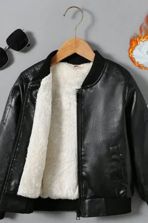 Boys Plus Velvet Thick Leather Jackets Kids Girls Autumn Winter Coat Fashion Clothing Children's Warm PU Leather Outerwear 2-14Y